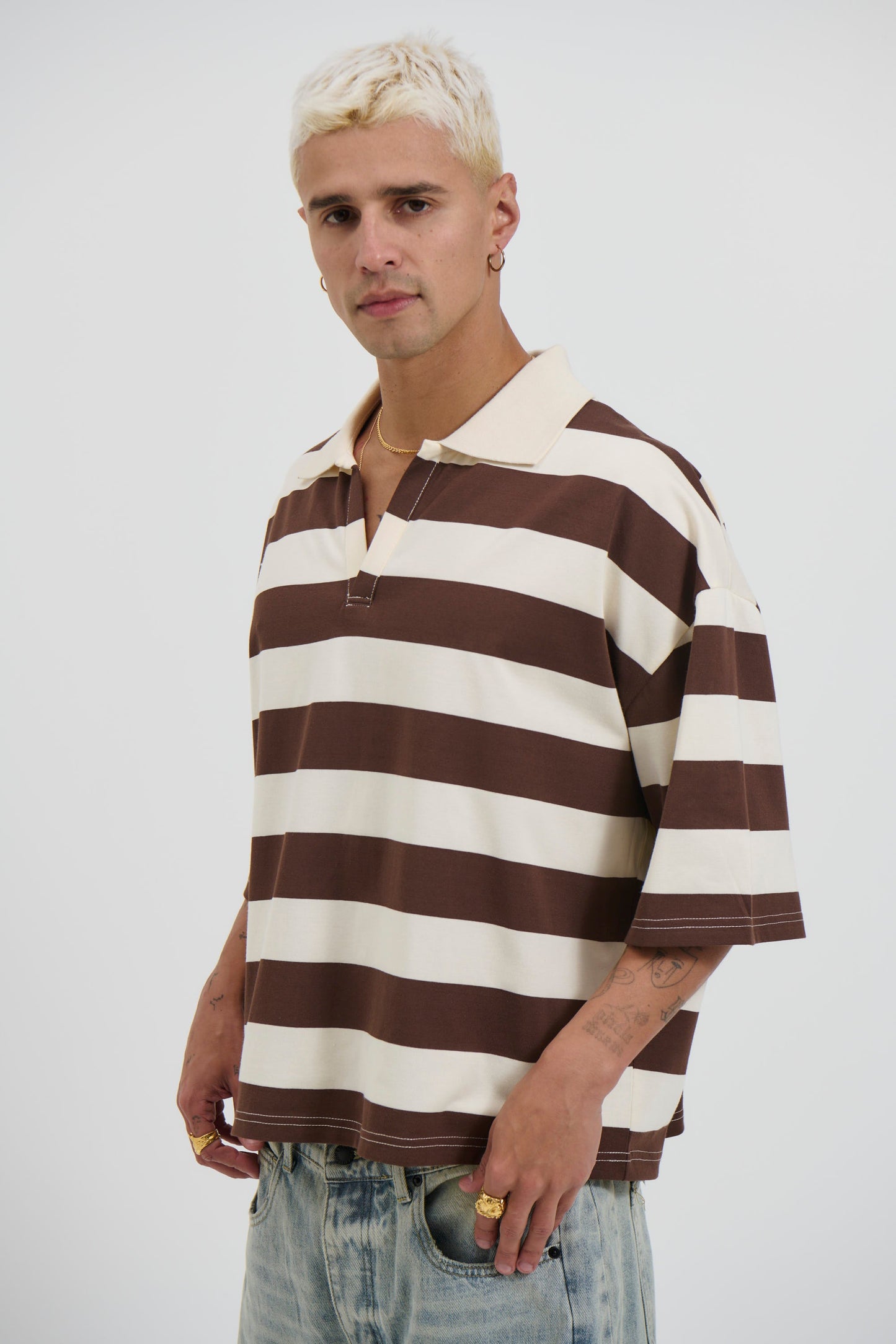 Jersey Crop Polo Stripe Choc