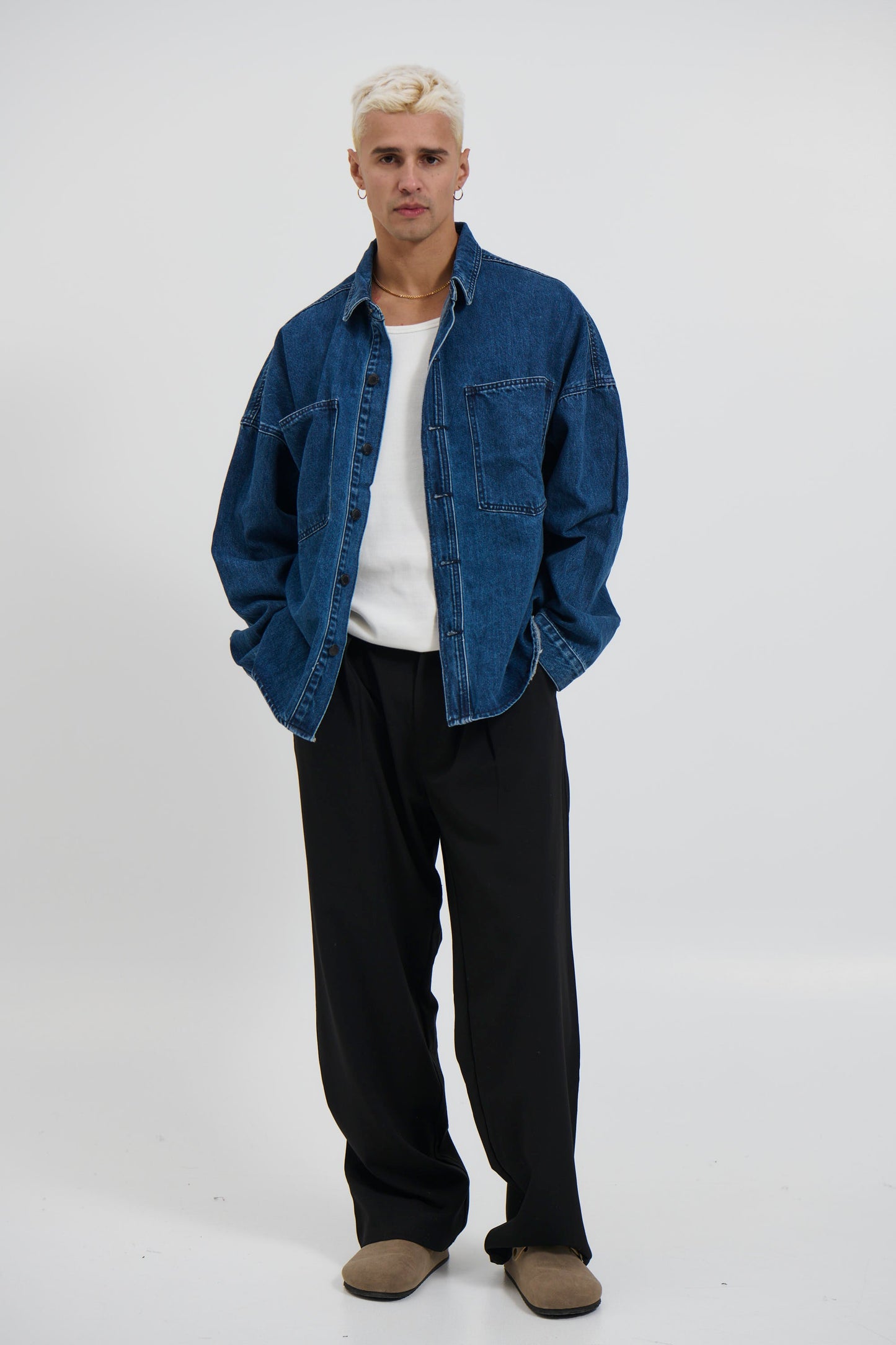 Drop Shoulder Denim Shirt Dark Blue