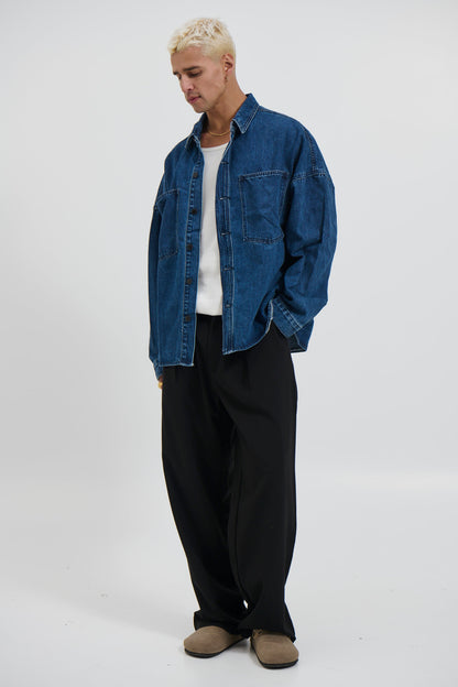 Drop Shoulder Denim Shirt Dark Blue