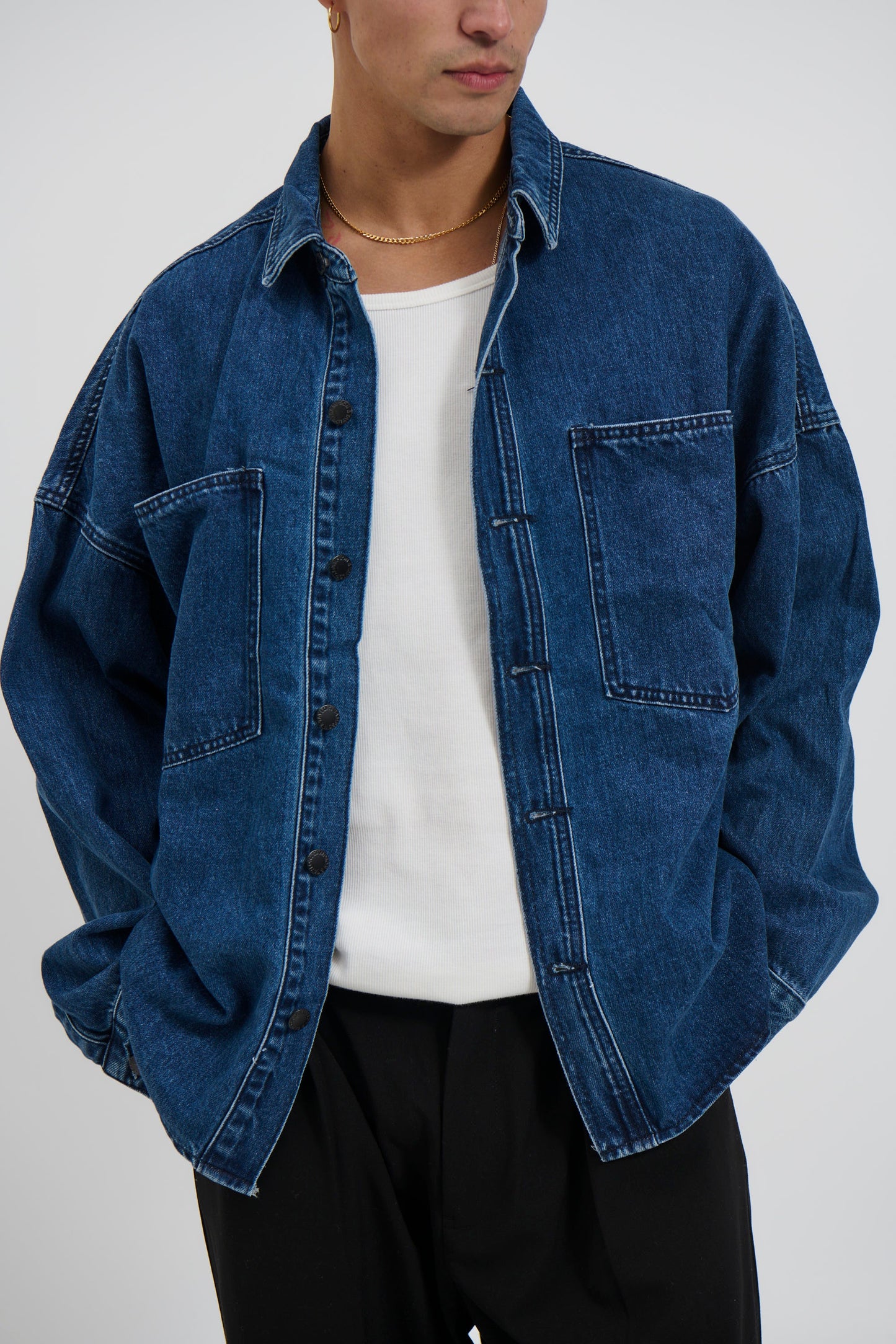 Drop Shoulder Denim Shirt Dark Blue