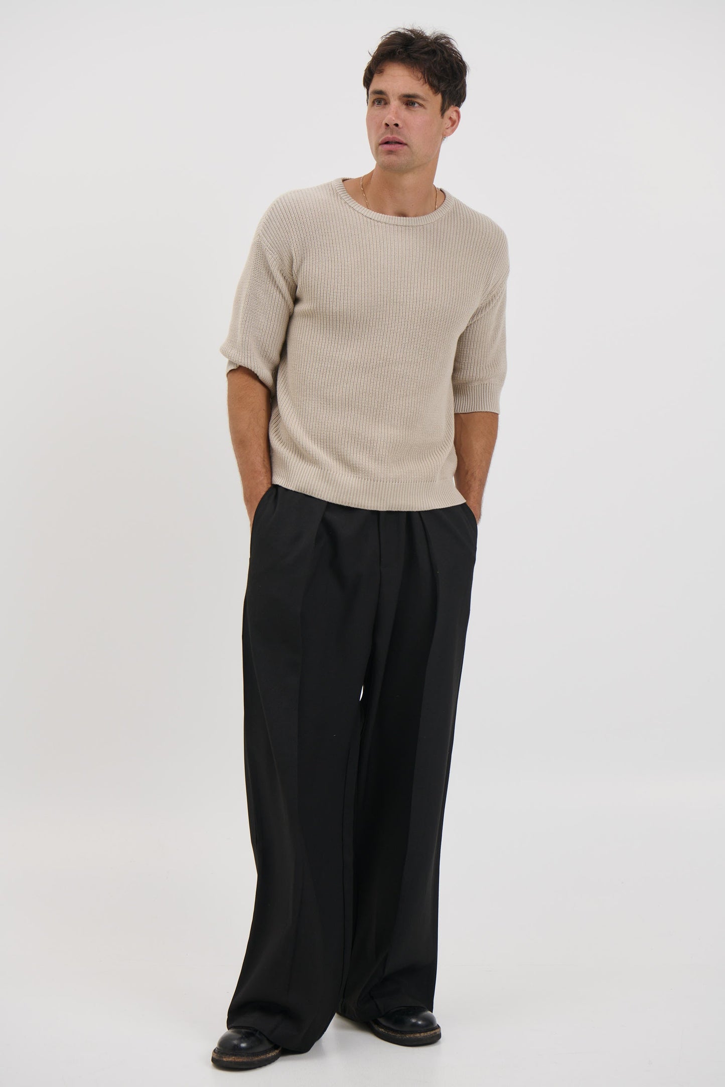 Drop Sleeve Knitted Tee Stone - FINAL SALE