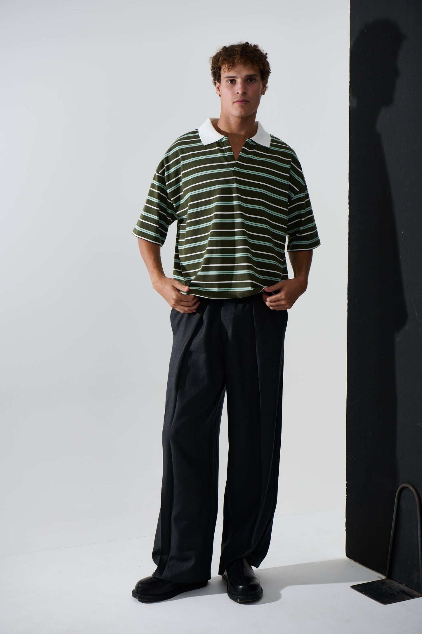 Jersey Crop Polo Olive Stripe