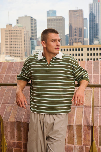 Jersey Crop Polo Olive Stripe