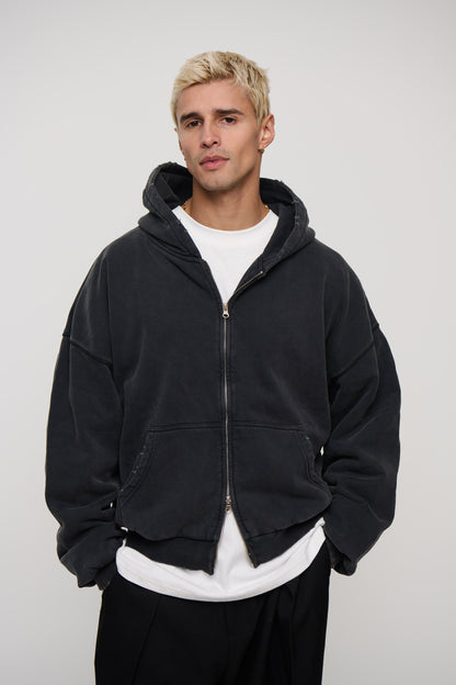 Heavyweight Lined Zip Up Hood Black