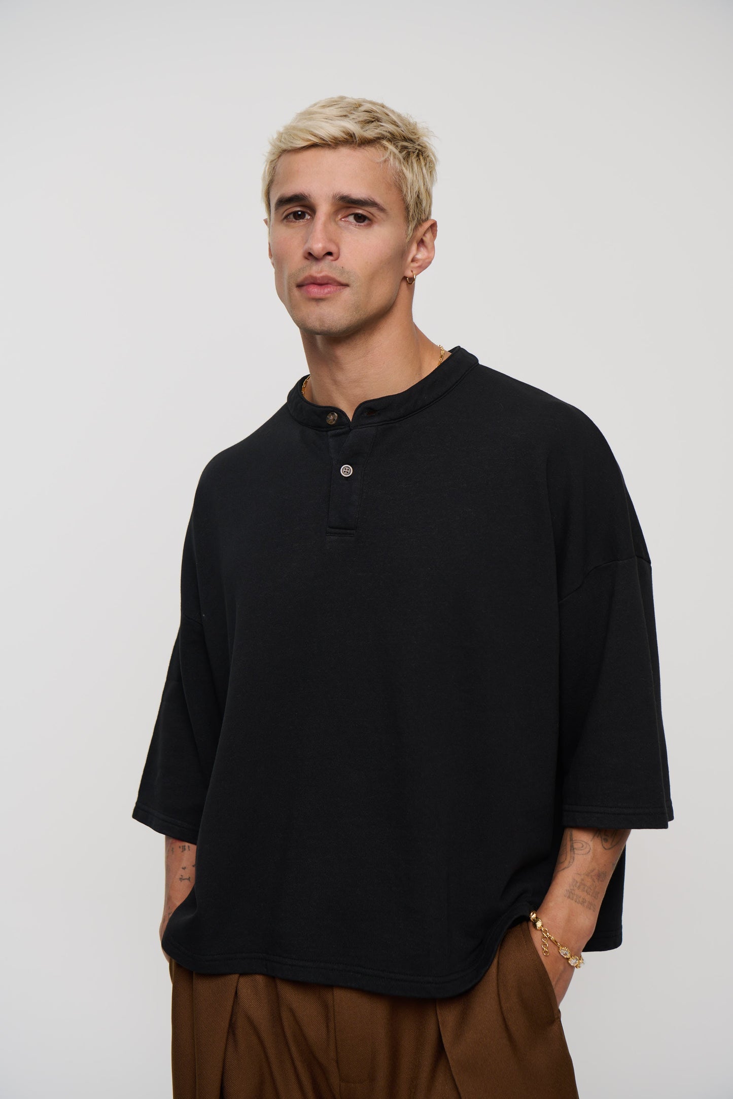 Fleece Crop Henley Tee Black