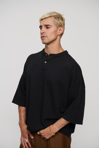 Fleece Crop Henley Tee Black