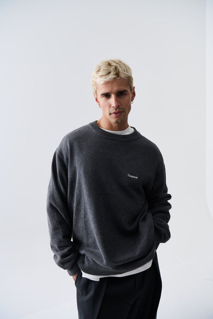 Embroid Crew Neck Knit Dark Grey