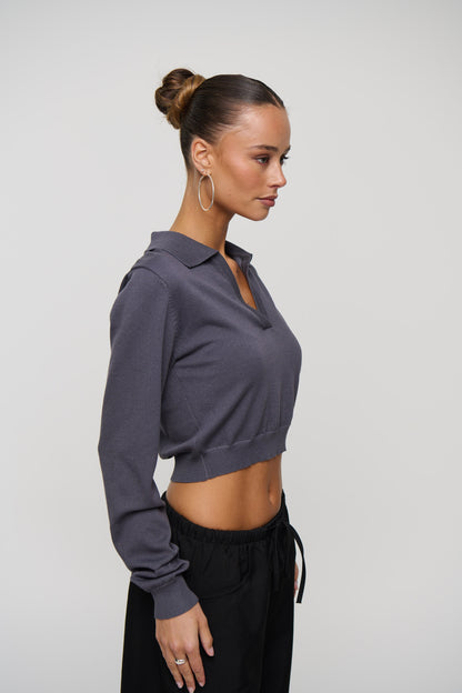 Aimee Long Sleeve Polo Dark Grey