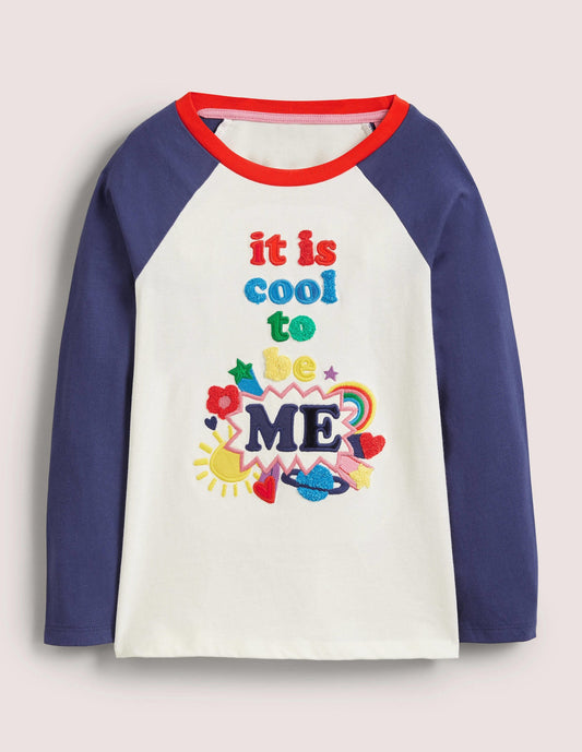 Appliqué Slogan T-Shirt-Ivory/Starboard Blue