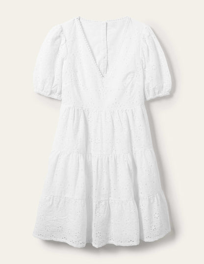 Back Detail Broderie Dress-White
