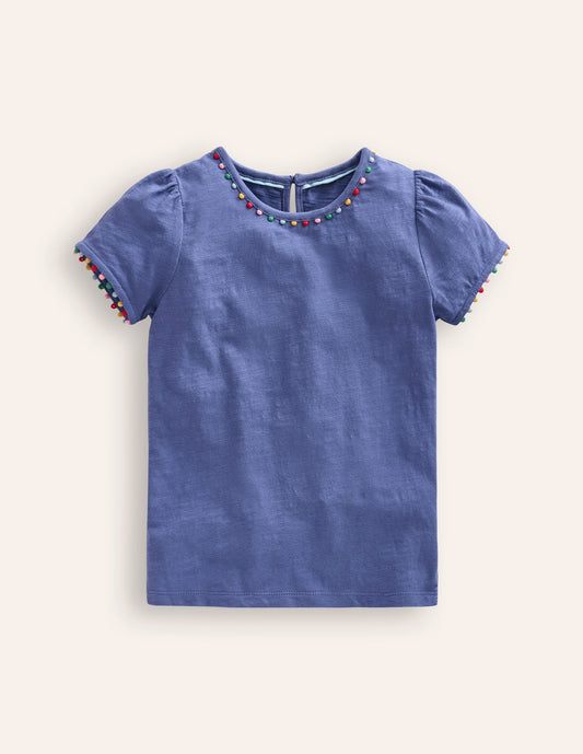 Ali Puff Sleeve Pom T-Shirt-Soft Starboard Blue