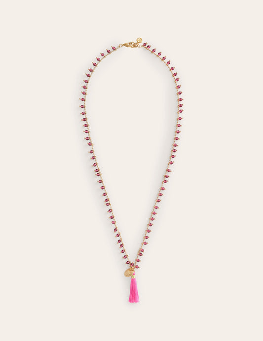 Beaded Tassel Necklace-Pink