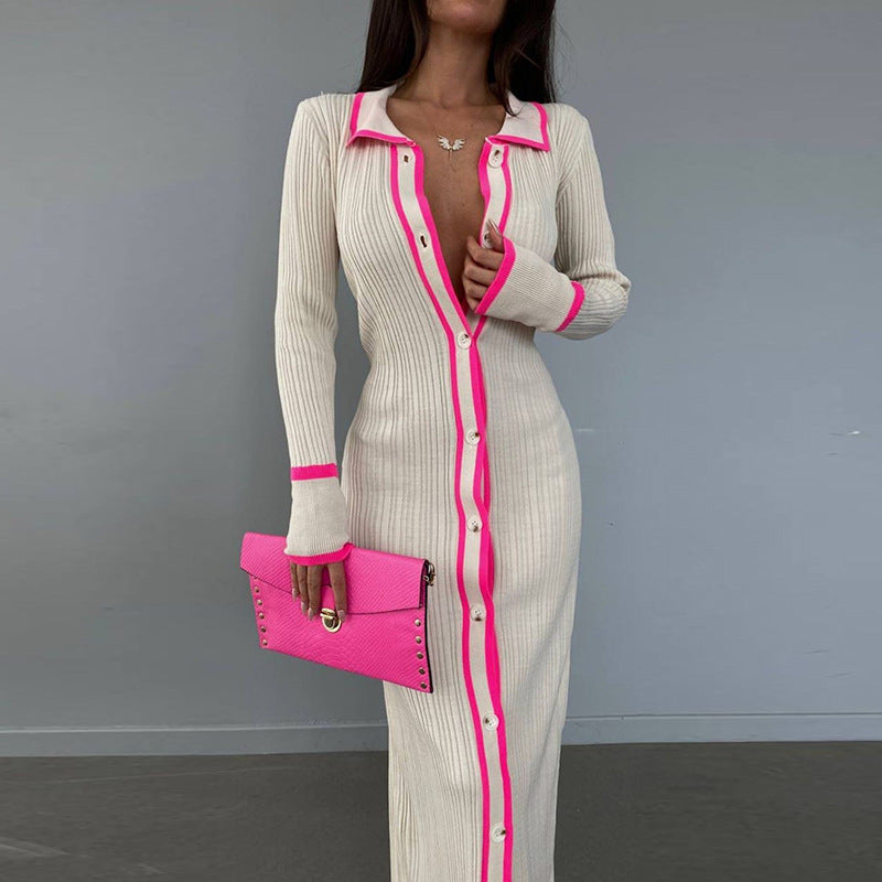 Beach Sweater Dress Slim Lapel Long Sleeve Cardigan Dress
