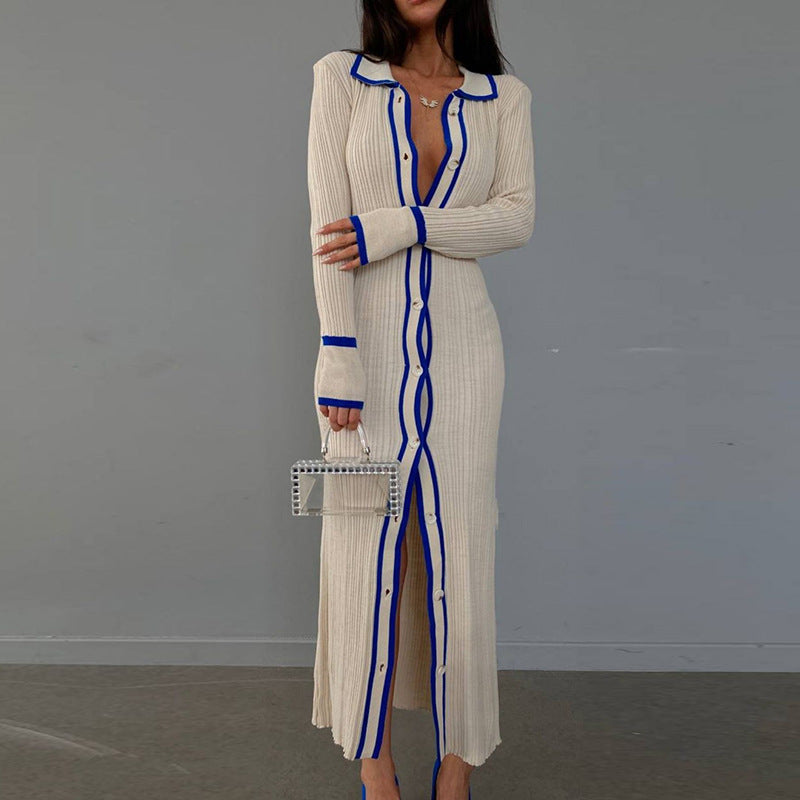 Beach Sweater Dress Slim Lapel Long Sleeve Cardigan Dress