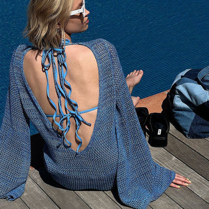 Beach Sweater Dress Sexy Backless Beach Skirt Bikini Cutout Blouse
