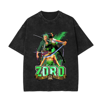 2024 new American washed retro cotton t-shirt Sauron, Luffy, Riman printed washed and old short-sleeved t-shirt