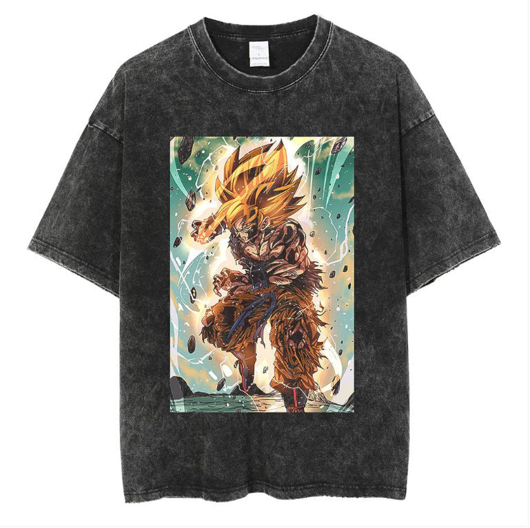 Anime cartoon dragon ball vintage wash print short sleeve t-shirt