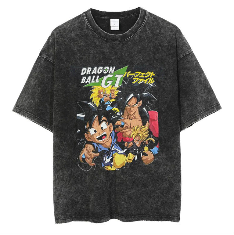 Anime cartoon dragon ball vintage wash print short sleeve t-shirt