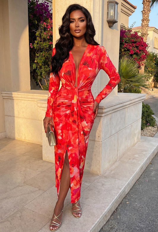 Cocktail Chic Pink Stretch Long Sleeve Plunge Ruched Midi Dress