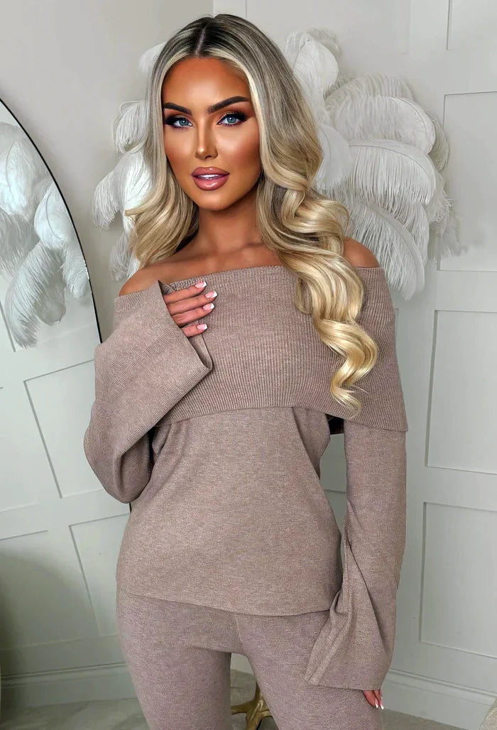 Cosy In The City Taupe Bardot Knit Top & Flare Trouser Set